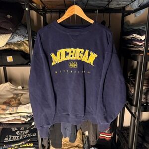 Vintage Michigan Wolverines Crewneck Sweatshirt Navy Distressed College Boxy Fit